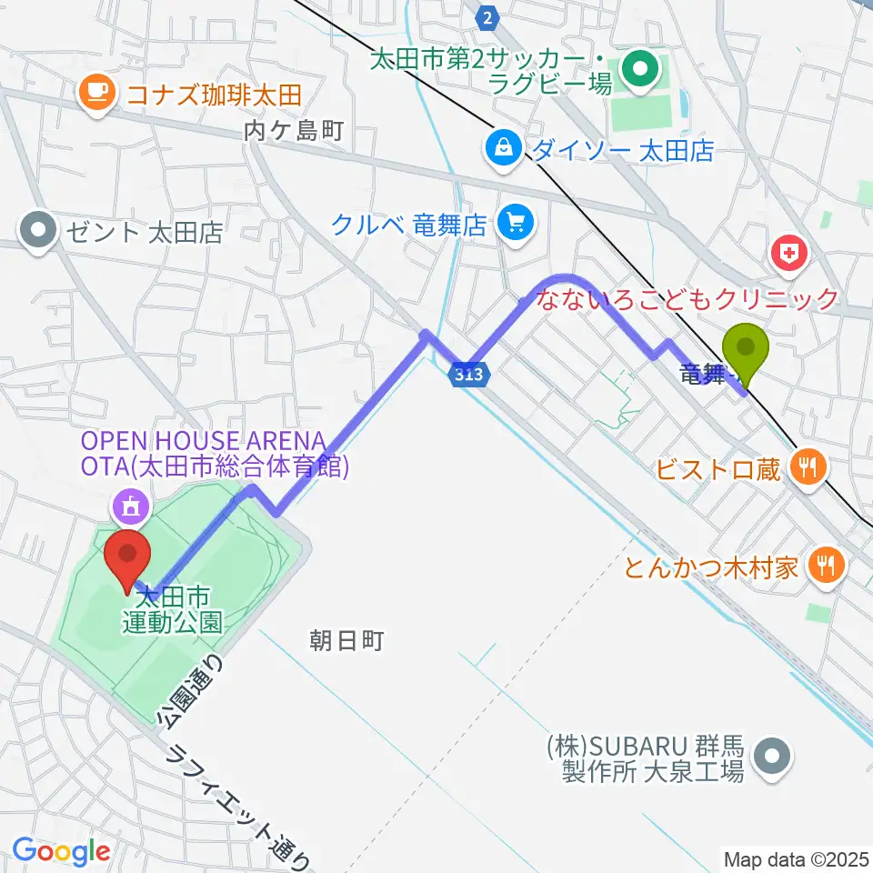 太田市運動公園野球場の最寄駅竜舞駅からの徒歩ルート（約23分）地図