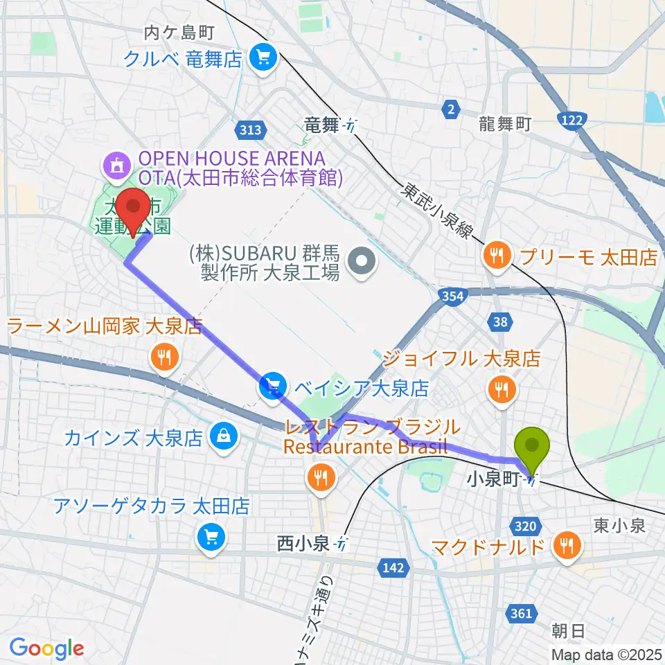 小泉町駅から太田市運動公園サッカー・ラグビー場へのルートマップ地図