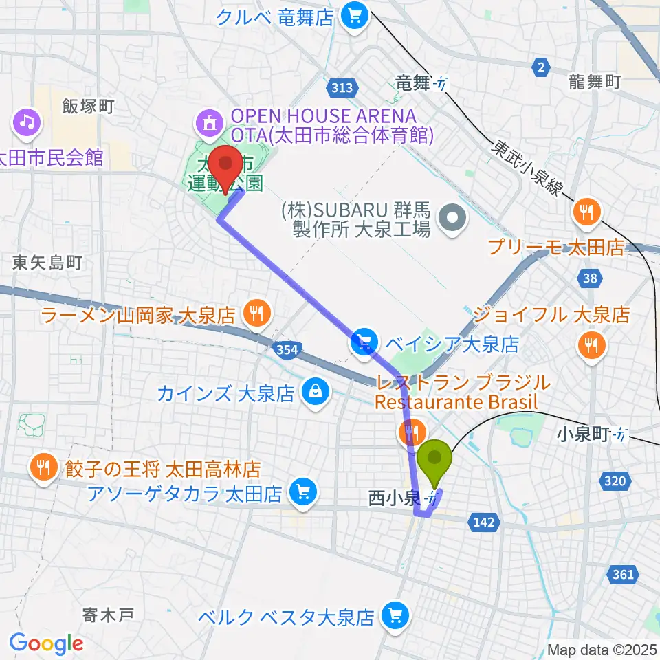 西小泉駅から太田市運動公園サッカー・ラグビー場へのルートマップ地図