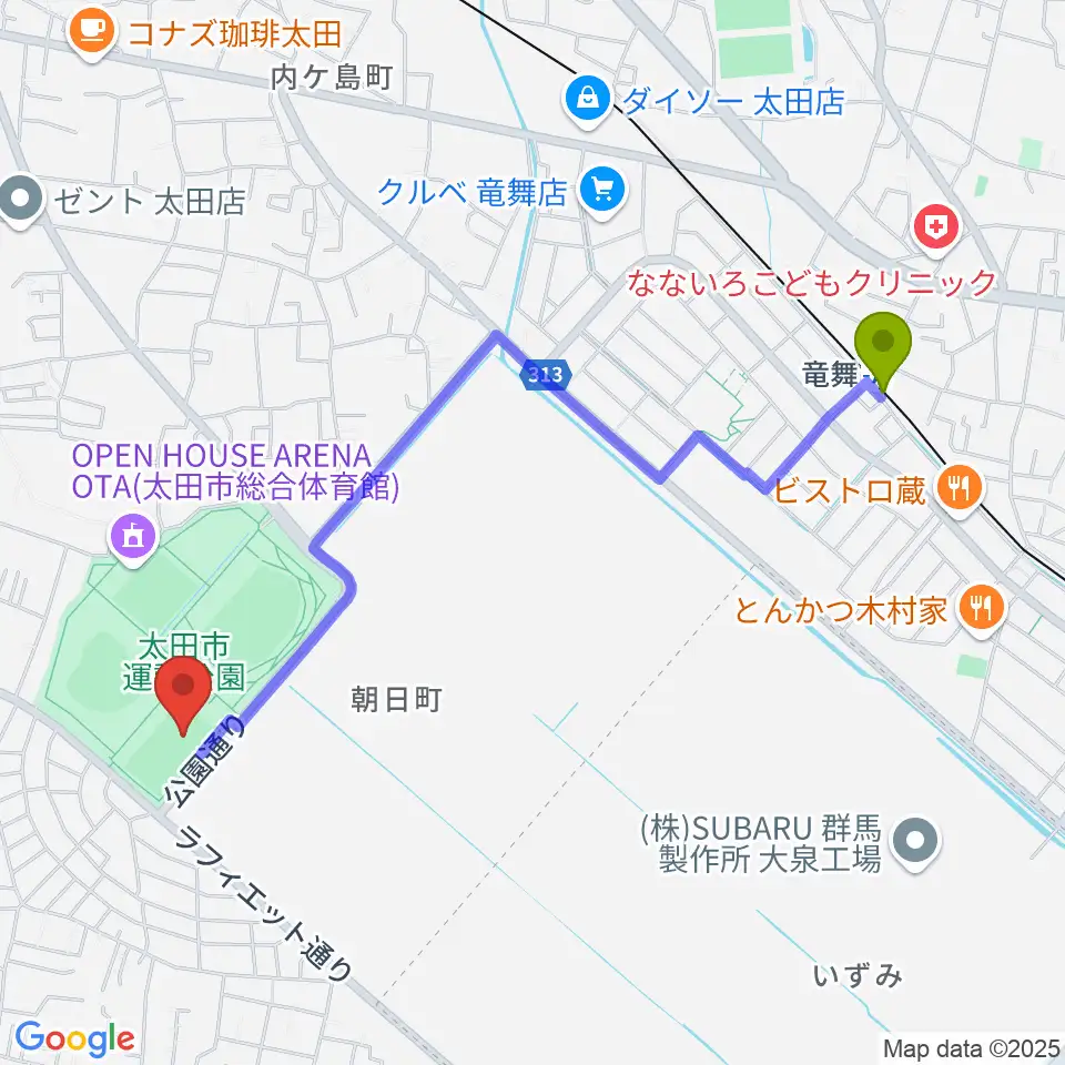 太田市運動公園サッカー・ラグビー場の最寄駅竜舞駅からの徒歩ルート（約23分）地図