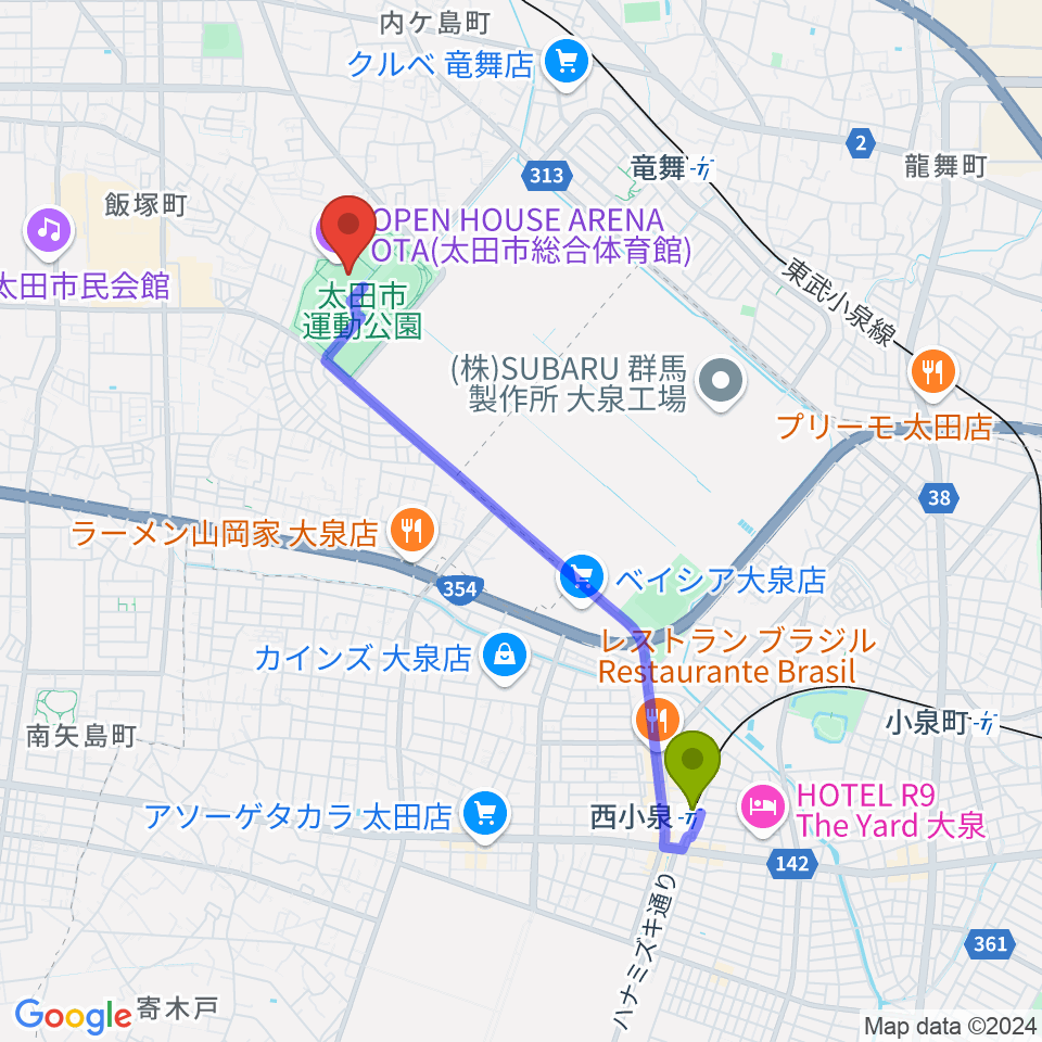 西小泉駅からオープンハウスアリーナ太田へのルートマップ地図