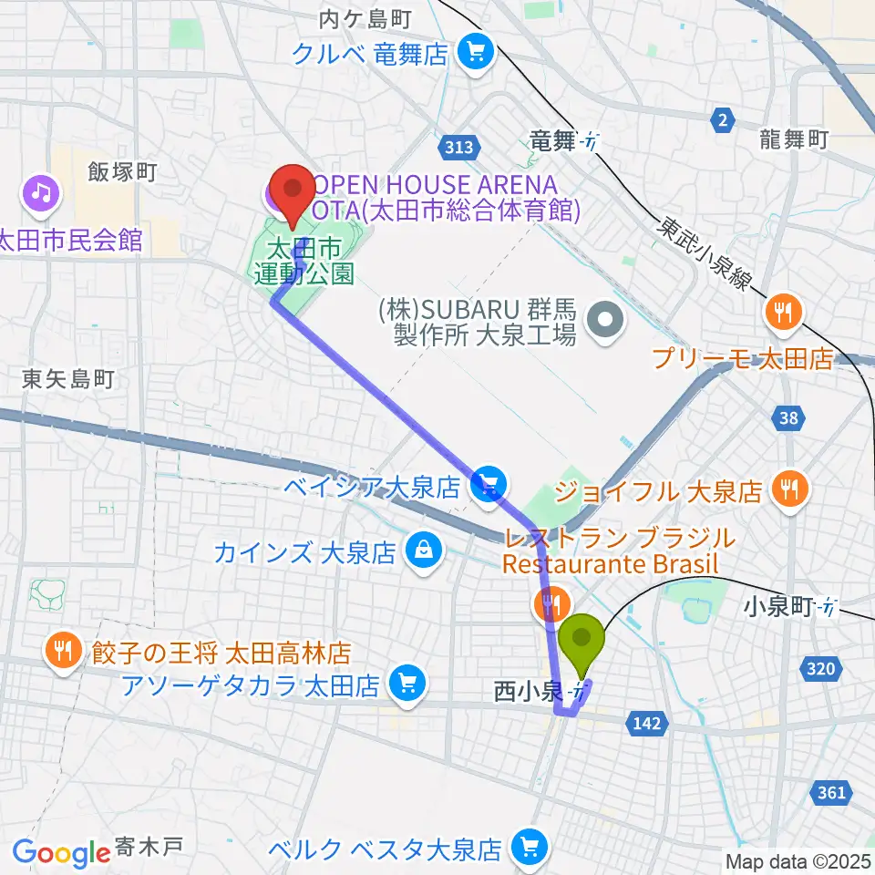 西小泉駅からオープンハウスアリーナ太田へのルートマップ地図