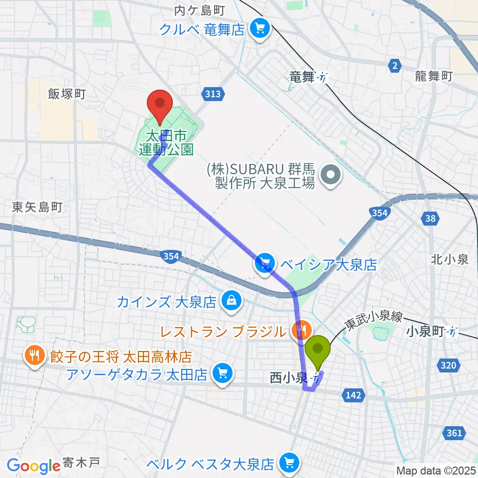西小泉駅からオープンハウスアリーナ太田へのルートマップ地図