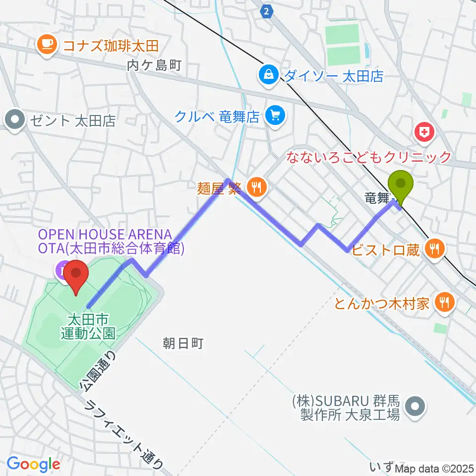 オープンハウスアリーナ太田の最寄駅竜舞駅からの徒歩ルート（約22分）地図