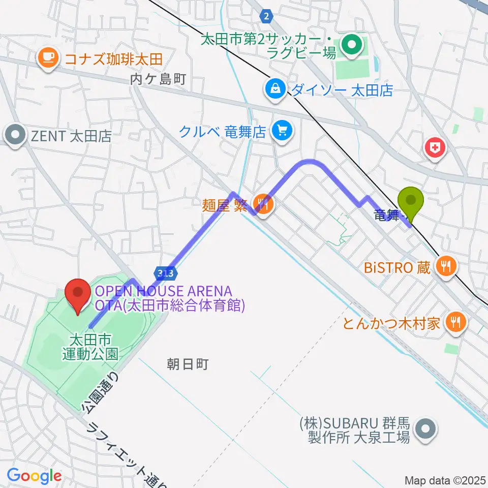 オープンハウスアリーナ太田の最寄駅竜舞駅からの徒歩ルート（約22分）地図