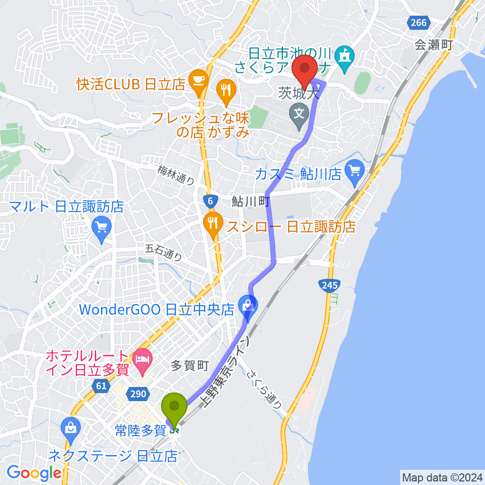 常陸多賀駅から日立市民運動公園野球場へのルートマップ地図