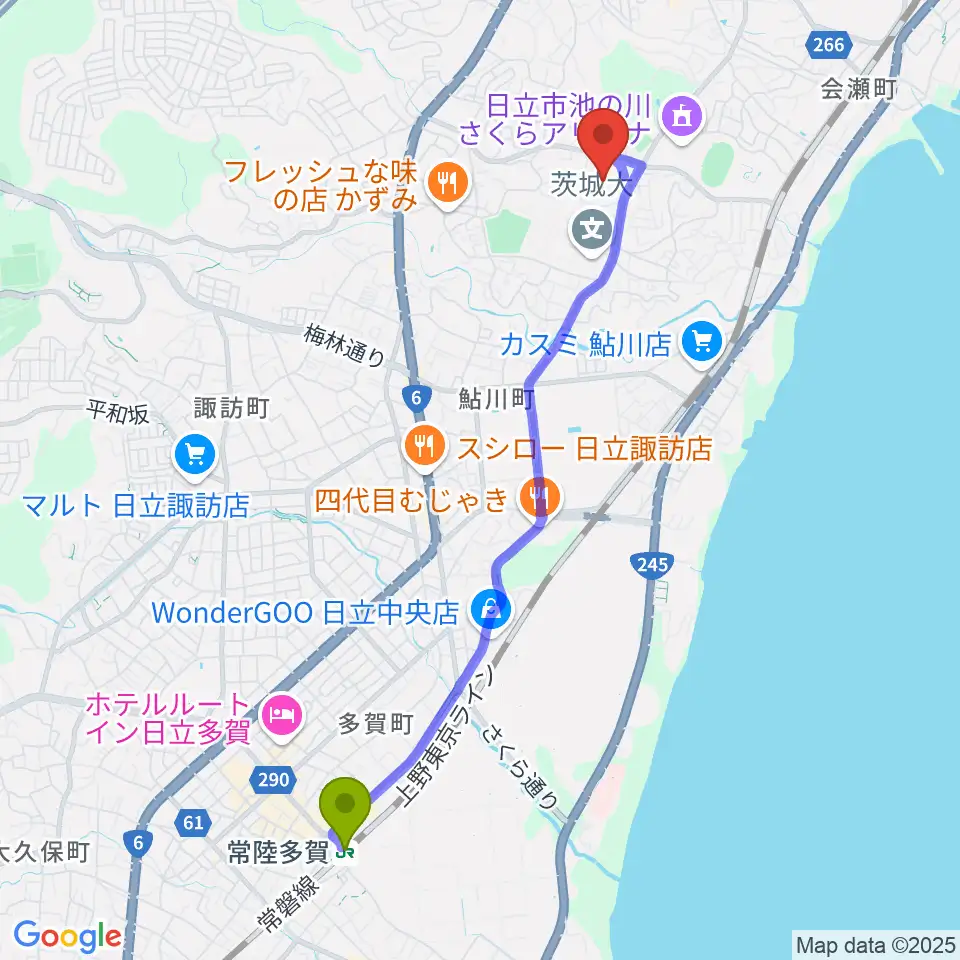 常陸多賀駅から日立市民運動公園野球場へのルートマップ地図