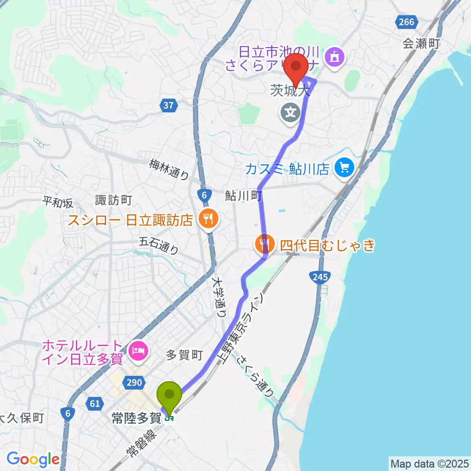 常陸多賀駅から日立市民運動公園野球場へのルートマップ地図