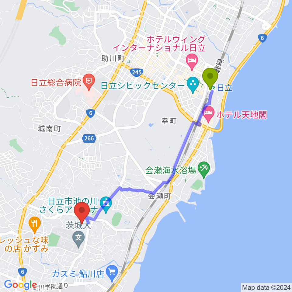 日立市民運動公園野球場の最寄駅日立駅からの徒歩ルート（約39分）地図
