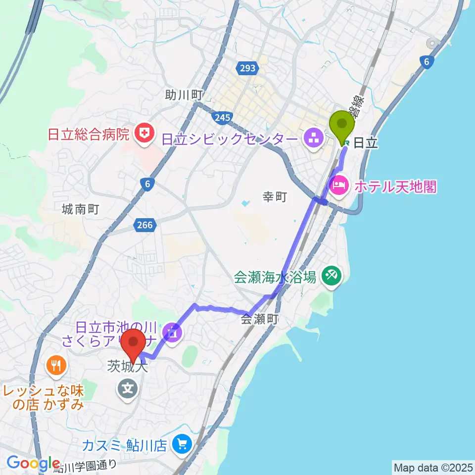 日立市民運動公園野球場の最寄駅日立駅からの徒歩ルート（約39分）地図