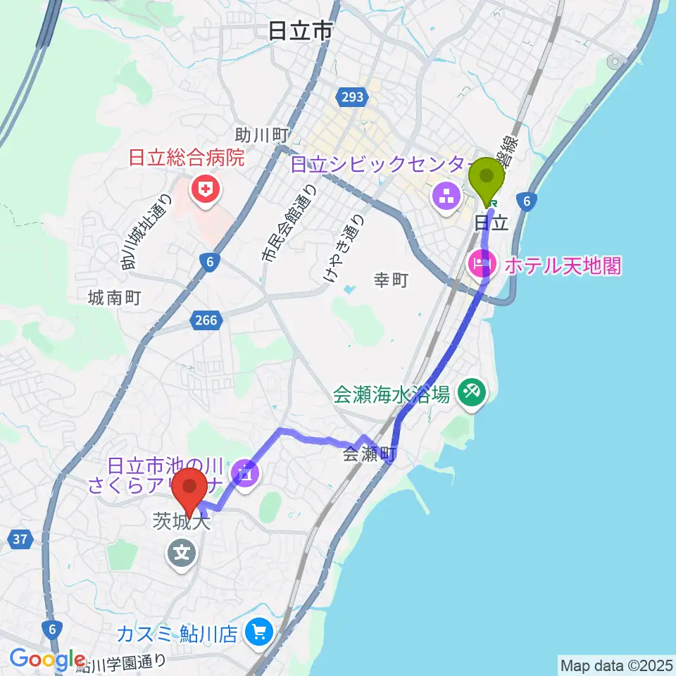 日立市民運動公園野球場の最寄駅日立駅からの徒歩ルート（約39分）地図
