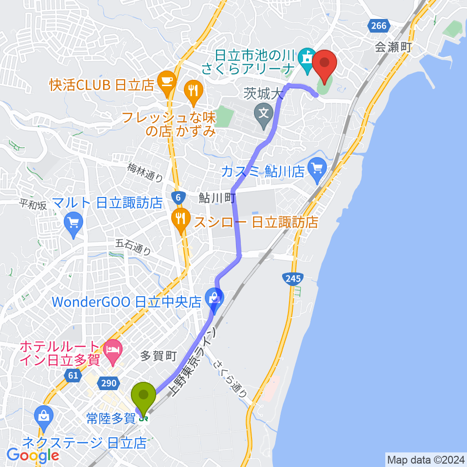 常陸多賀駅から日立市民運動公園陸上競技場へのルートマップ地図
