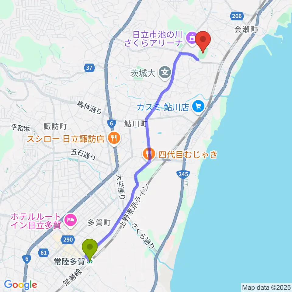常陸多賀駅から日立市民運動公園陸上競技場へのルートマップ地図