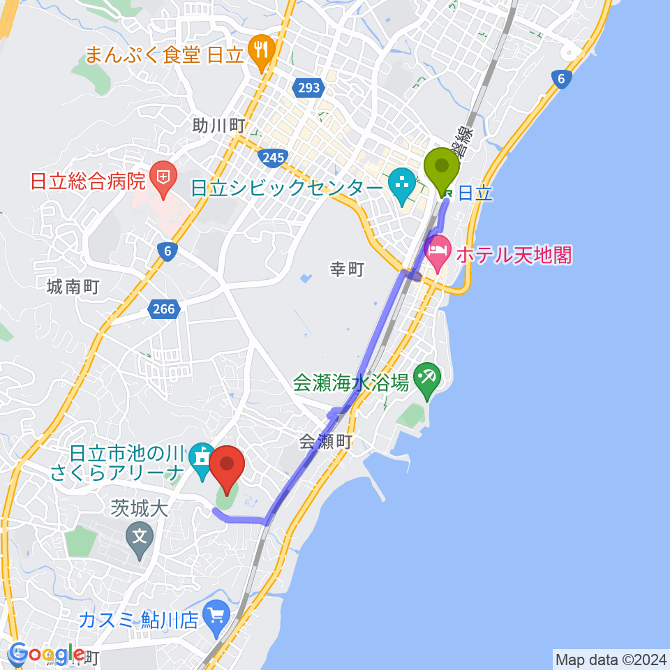 日立市民運動公園陸上競技場の最寄駅日立駅からの徒歩ルート（約34分）地図