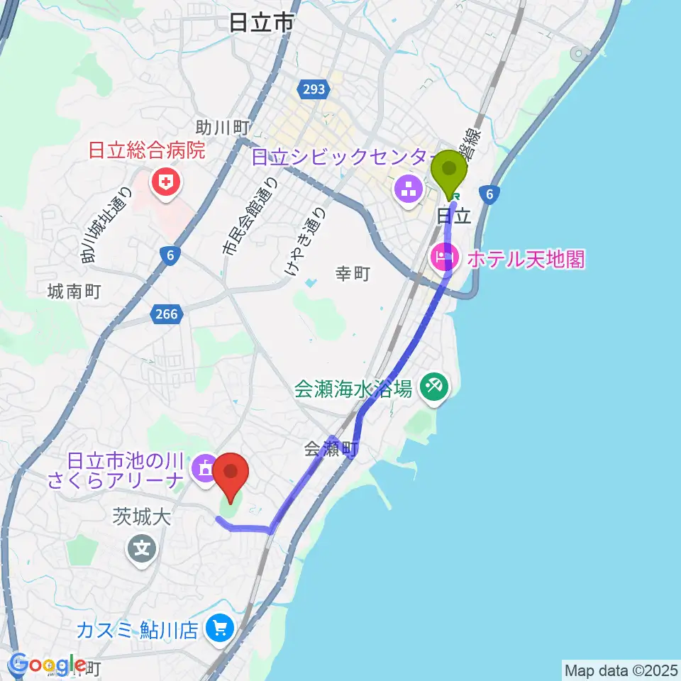 日立市民運動公園陸上競技場の最寄駅日立駅からの徒歩ルート（約34分）地図