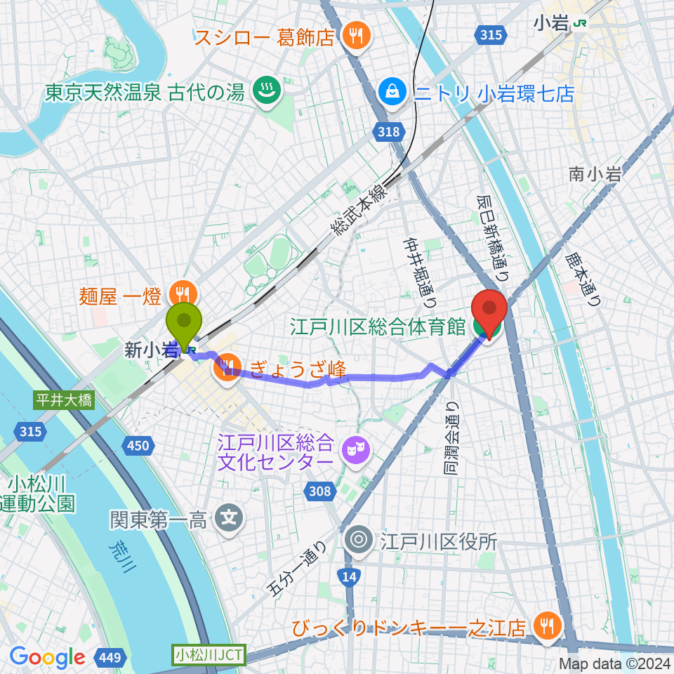 江戸川区総合体育館の最寄駅新小岩駅からの徒歩ルート 約28分 Mdata