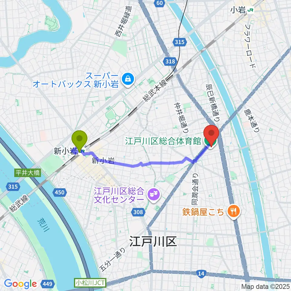 江戸川区総合体育館の最寄駅新小岩駅からの徒歩ルート（約28分）地図