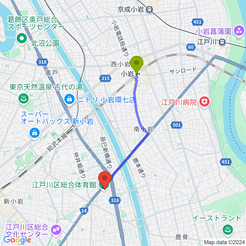 小岩駅から江戸川区総合体育館へのルートマップ地図