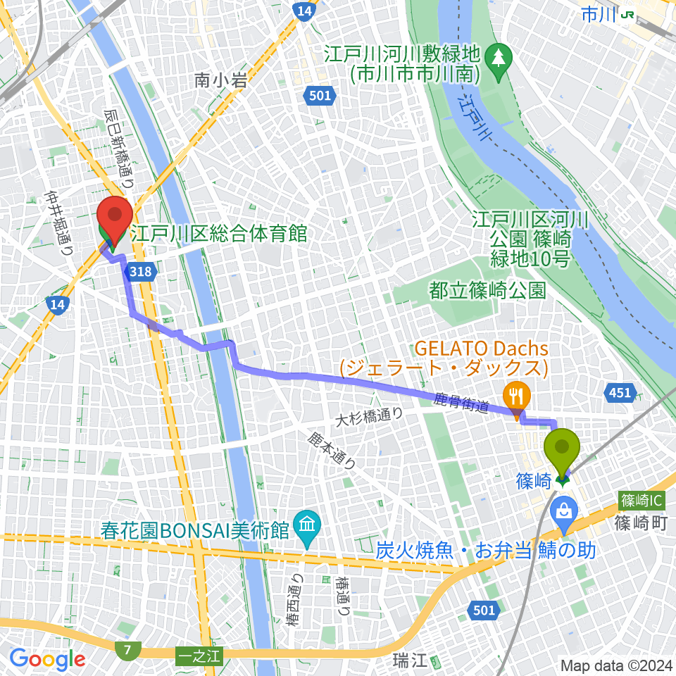 篠崎駅から江戸川区総合体育館へのルートマップ地図