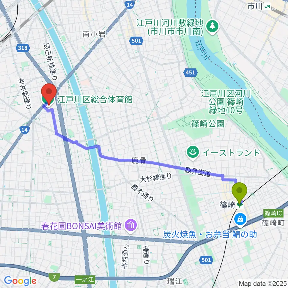 篠崎駅から江戸川区総合体育館へのルートマップ地図