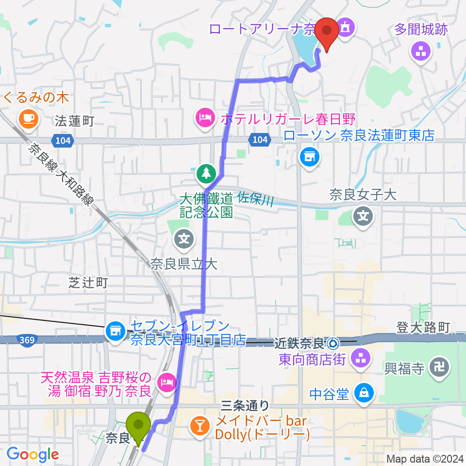 奈良駅からロート奈良武道場へのルートマップ地図