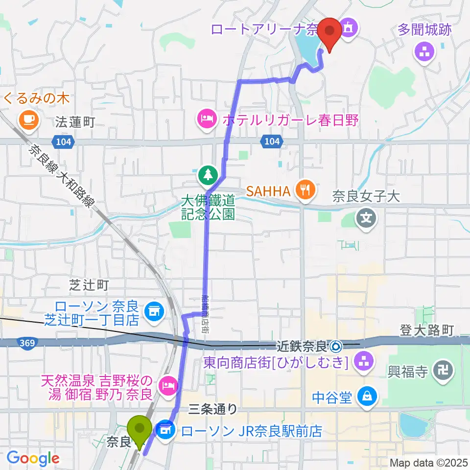 奈良駅からロート奈良武道場へのルートマップ地図