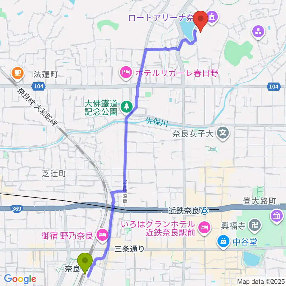 奈良駅からロート奈良武道場へのルートマップ地図