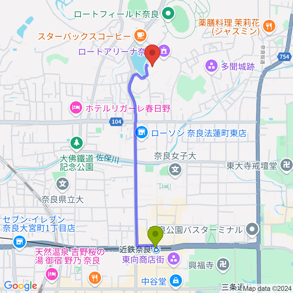 ロート奈良武道場の最寄駅近鉄奈良駅からの徒歩ルート（約19分）地図