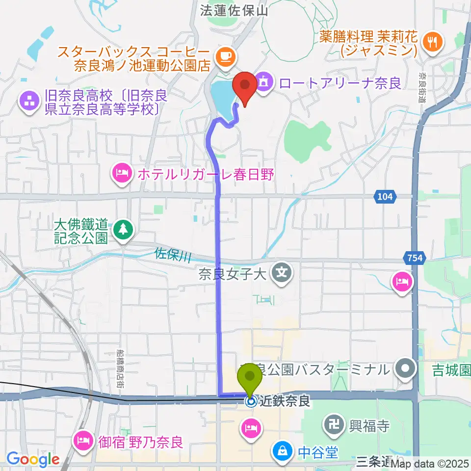 ロート奈良武道場の最寄駅近鉄奈良駅からの徒歩ルート（約19分）地図