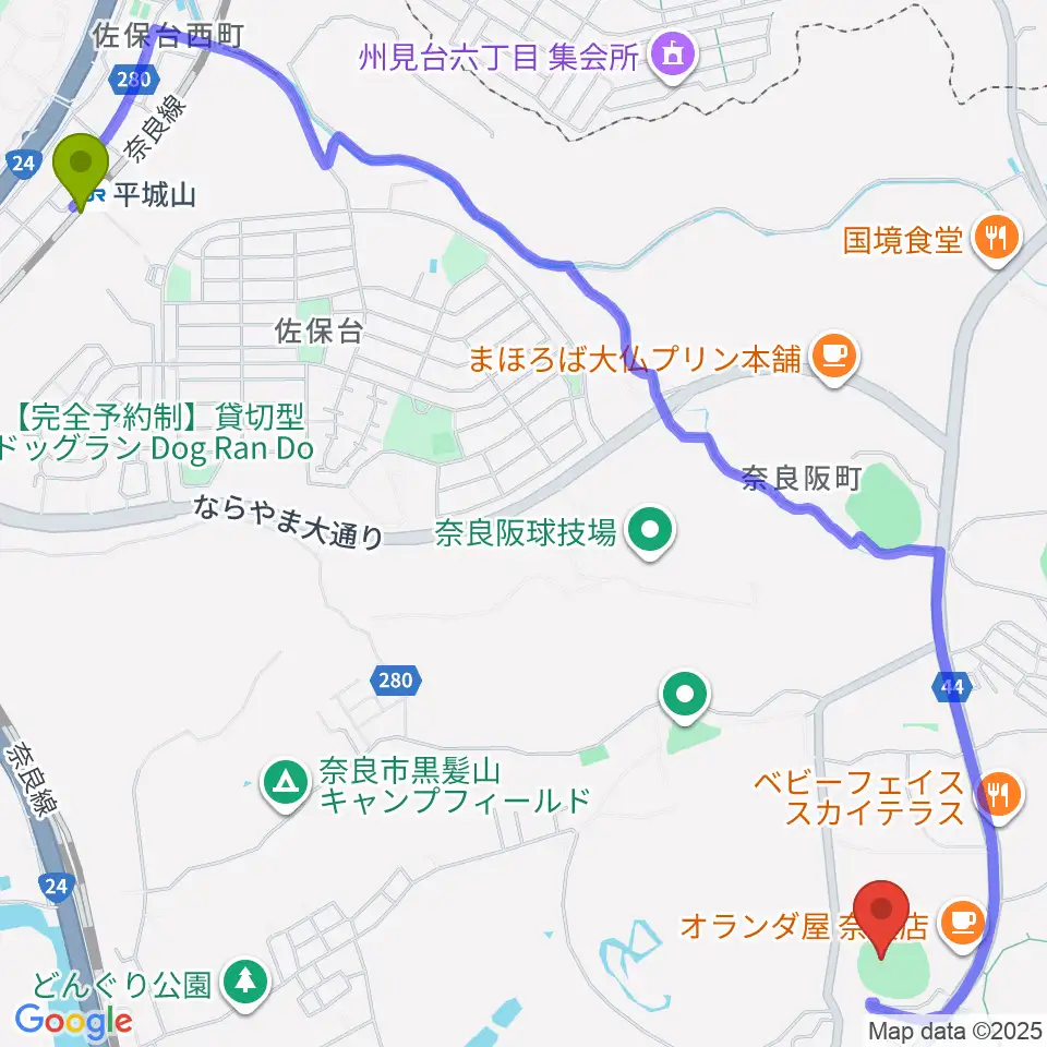 平城山駅からロートスタジアム奈良へのルートマップ地図