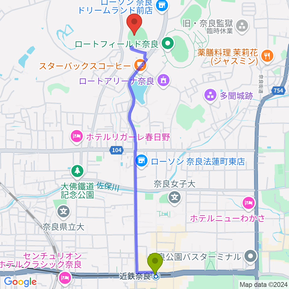 ロートスタジアム奈良の最寄駅近鉄奈良駅からの徒歩ルート（約26分）地図