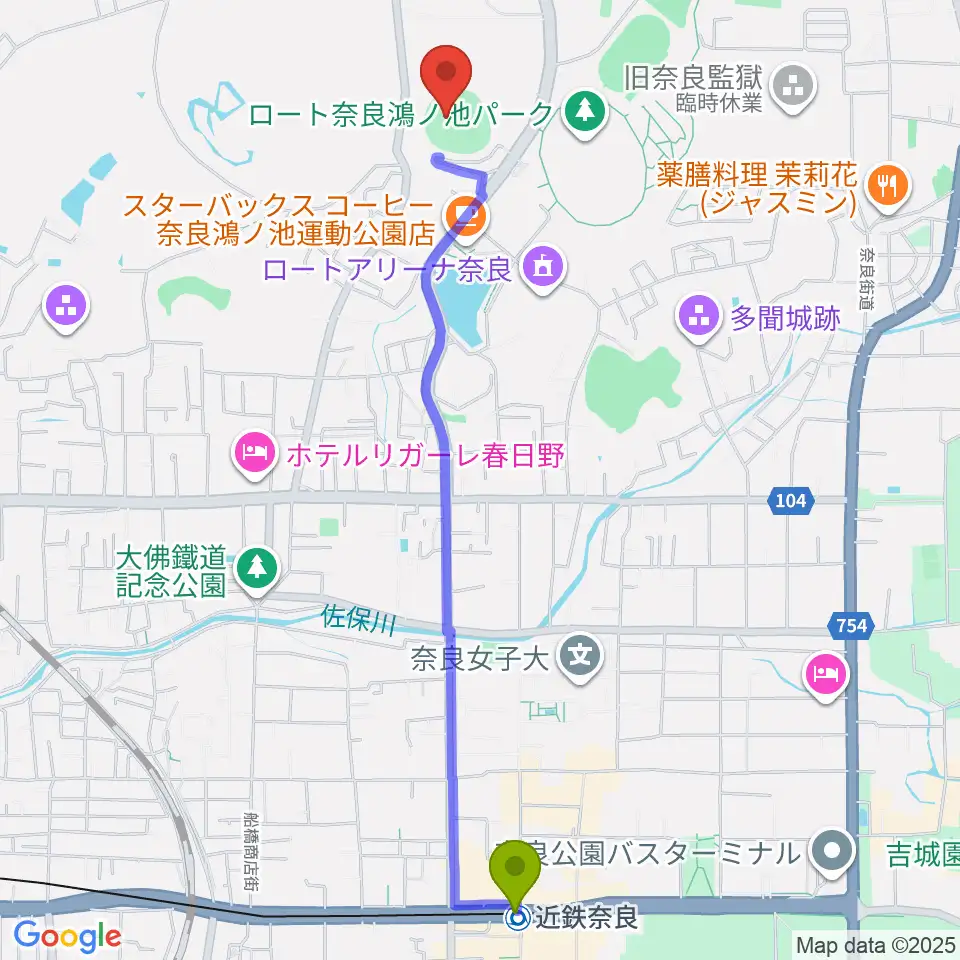 ロートスタジアム奈良の最寄駅近鉄奈良駅からの徒歩ルート（約26分）地図