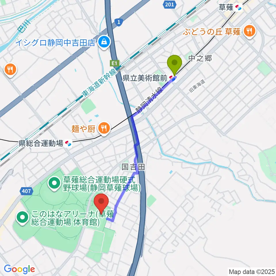 県立美術館前駅から草薙総合運動場球技場へのルートマップ MDATA 県立美術館前駅から草薙総合運動場球技場へのルートマップ MDATA