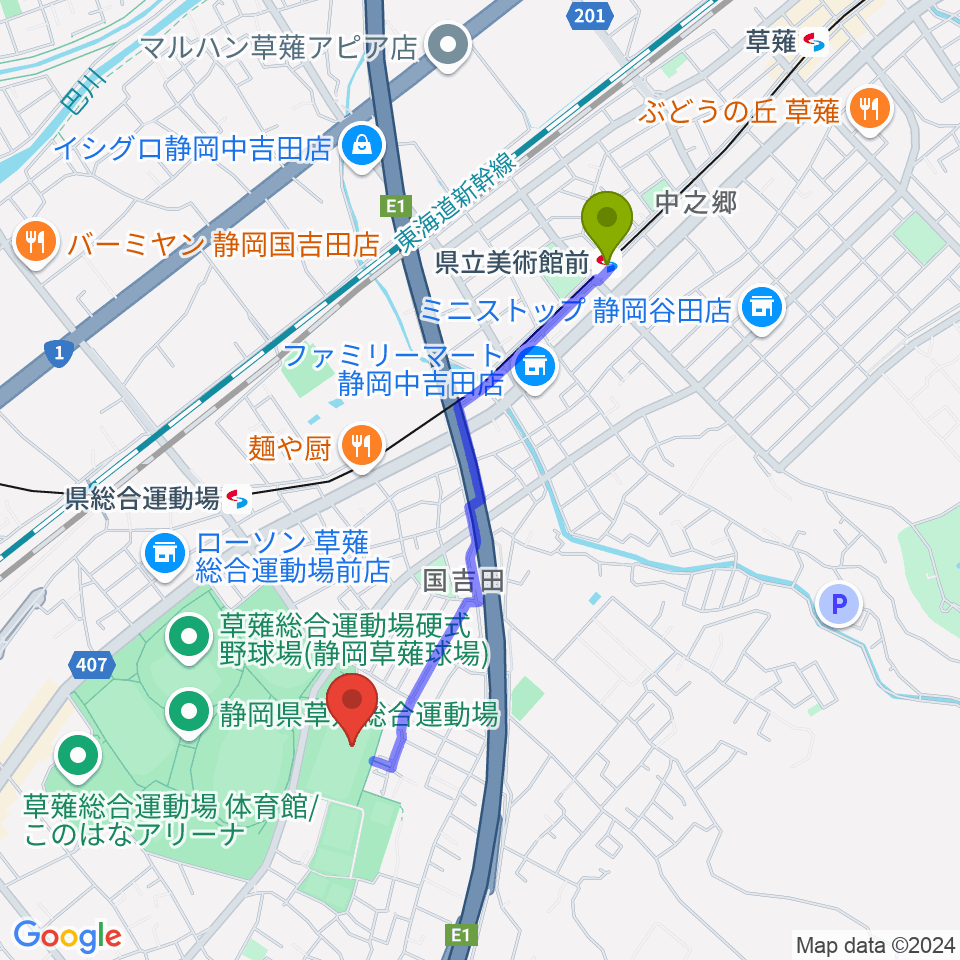 県立美術館前駅から草薙総合運動場球技場へのルートマップ地図