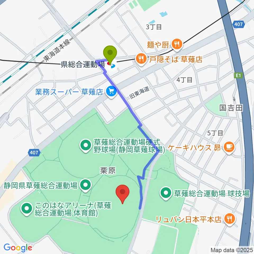 草薙総合運動場陸上競技場の最寄駅県総合運動場駅からの徒歩ルート（約9分）地図