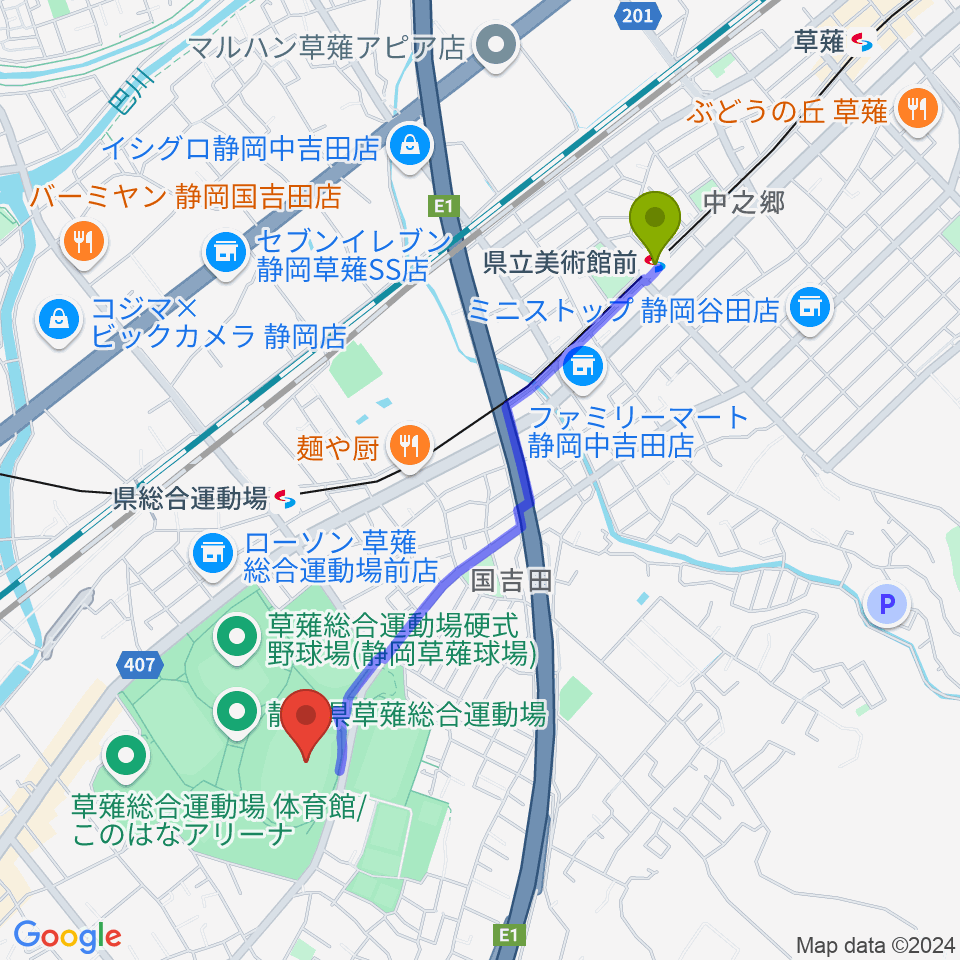 県立美術館前駅から草薙総合運動場陸上競技場へのルートマップ地図