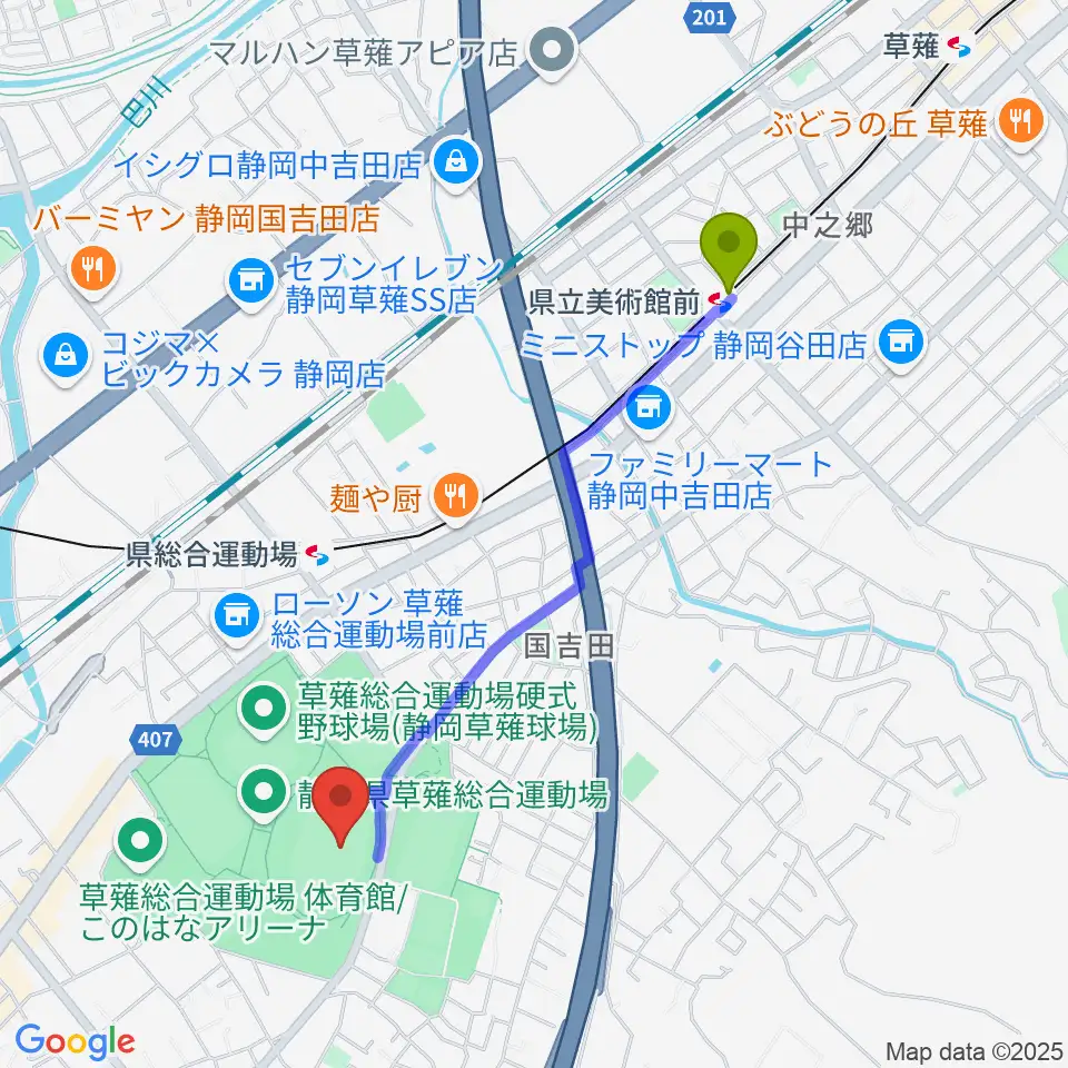 県立美術館前駅から草薙総合運動場陸上競技場へのルートマップ地図