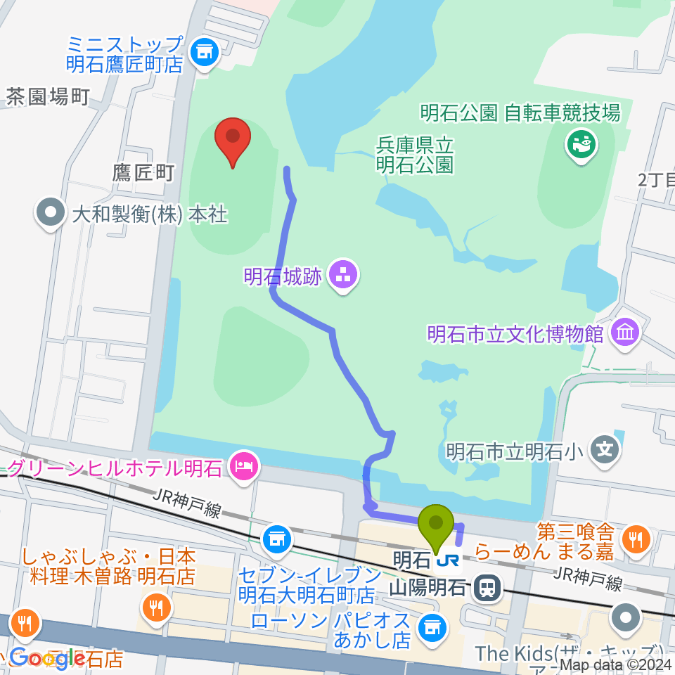 きしろスタジアム 明石公園陸上競技場の最寄駅明石駅からの徒歩ルート（約10分）地図