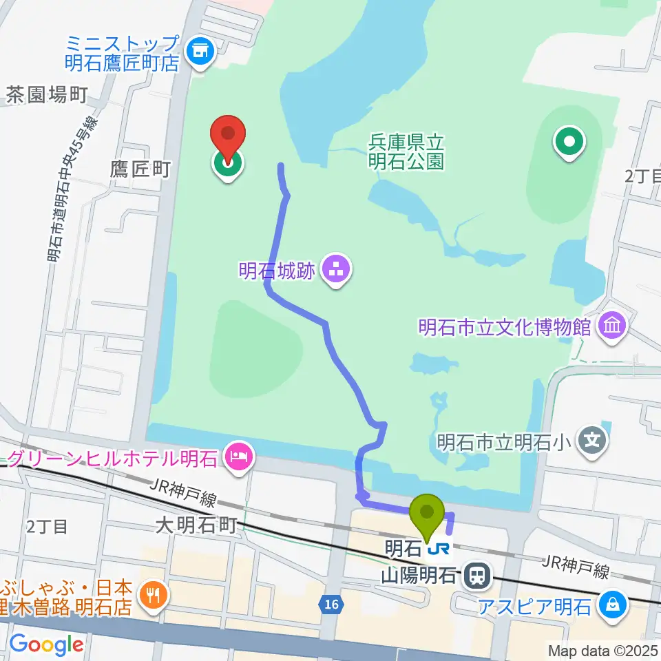 きしろスタジアム 明石公園陸上競技場の最寄駅明石駅からの徒歩ルート（約10分）地図