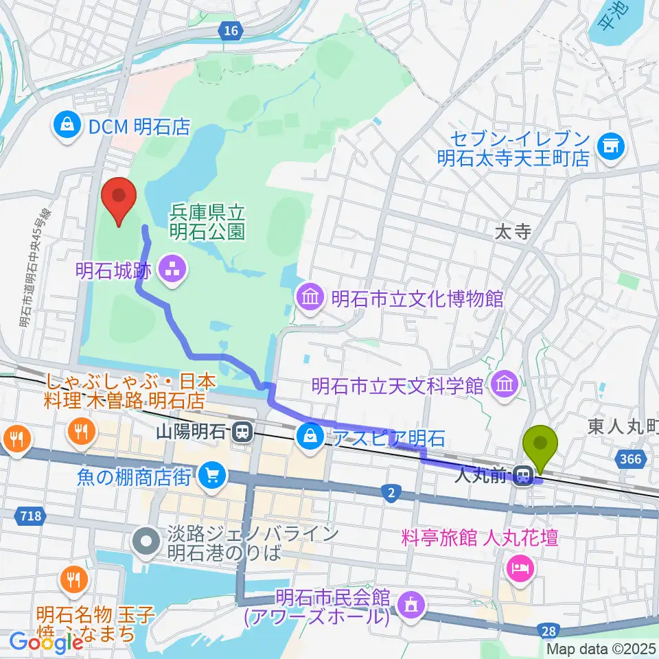 人丸前駅からきしろスタジアム 明石公園陸上競技場へのルートマップ地図