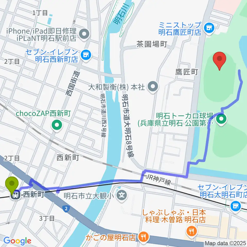 西新町駅からきしろスタジアム 明石公園陸上競技場へのルートマップ地図