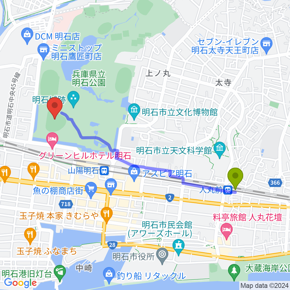人丸前駅から明石トーカロ球場へのルートマップ地図