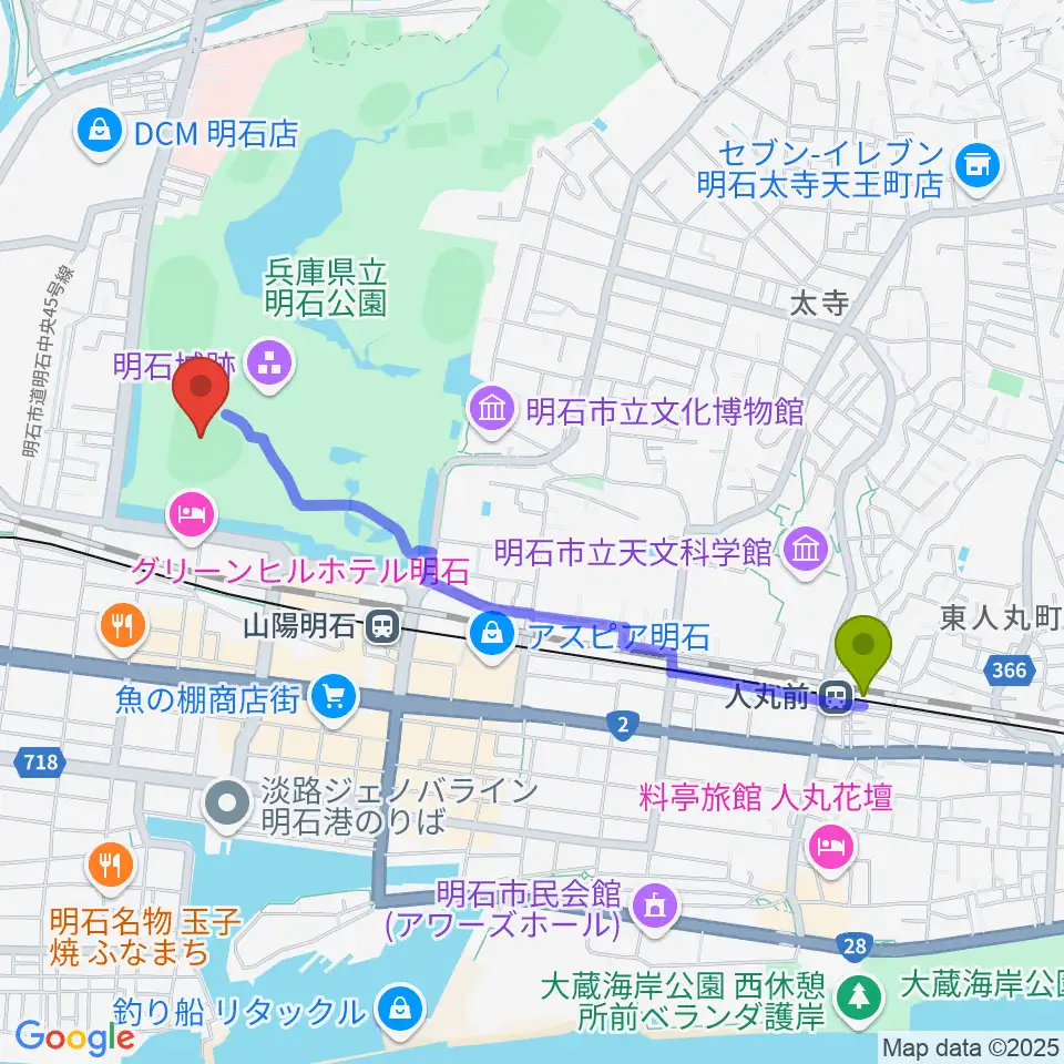 人丸前駅から明石トーカロ球場へのルートマップ地図