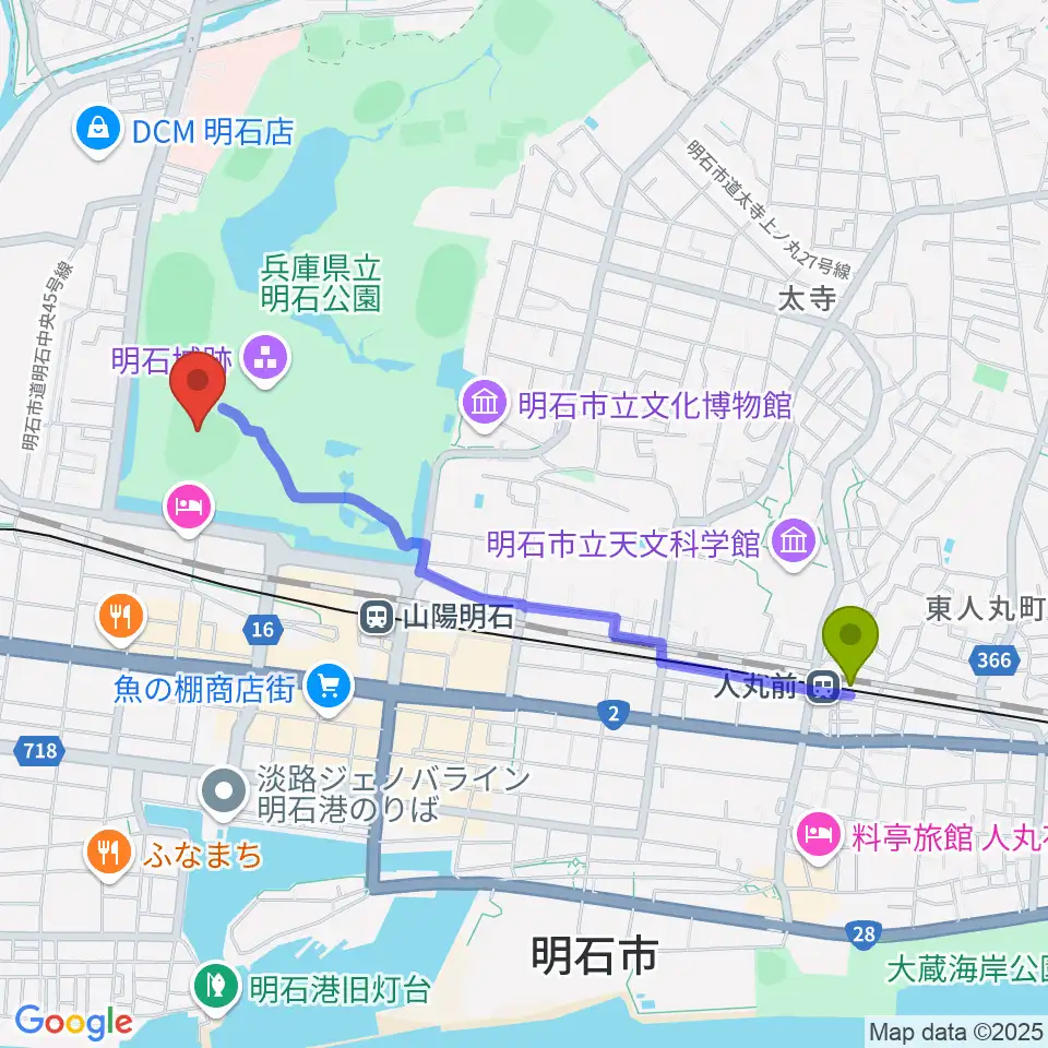 人丸前駅から明石トーカロ球場へのルートマップ地図