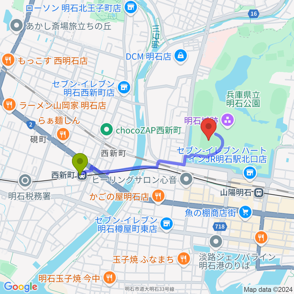 西新町駅から明石トーカロ球場へのルートマップ地図