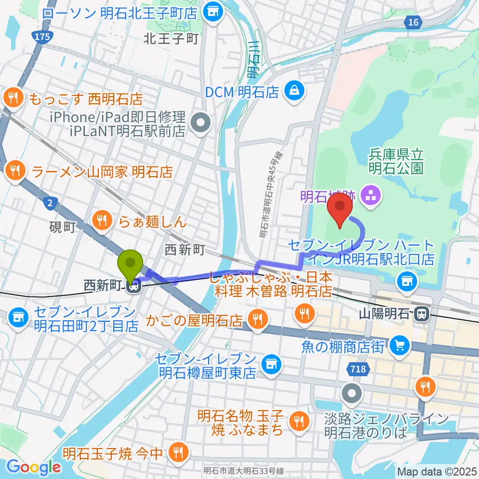 西新町駅から明石トーカロ球場へのルートマップ地図