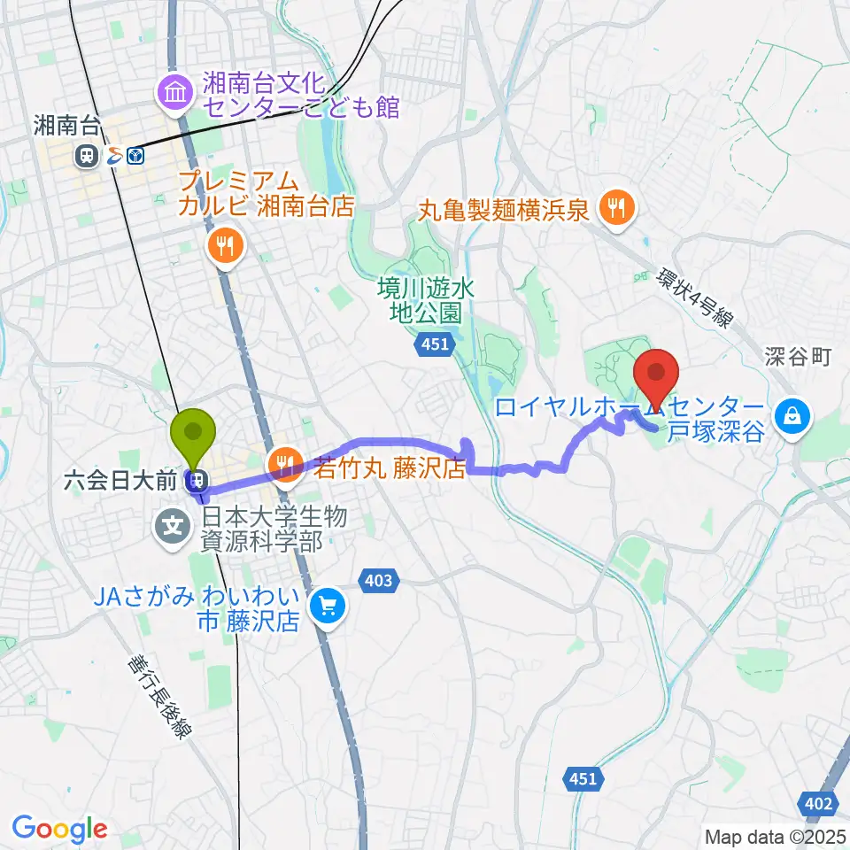 俣野公園・横浜薬大スタジアムの最寄駅六会日大前駅からの徒歩ルート（約34分）地図