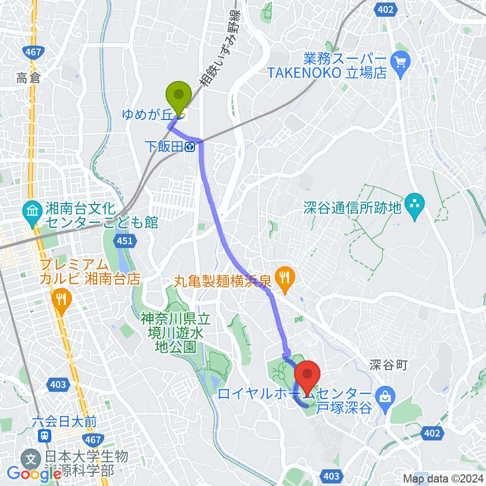 ゆめが丘駅から俣野公園・横浜薬大スタジアムへのルートマップ地図