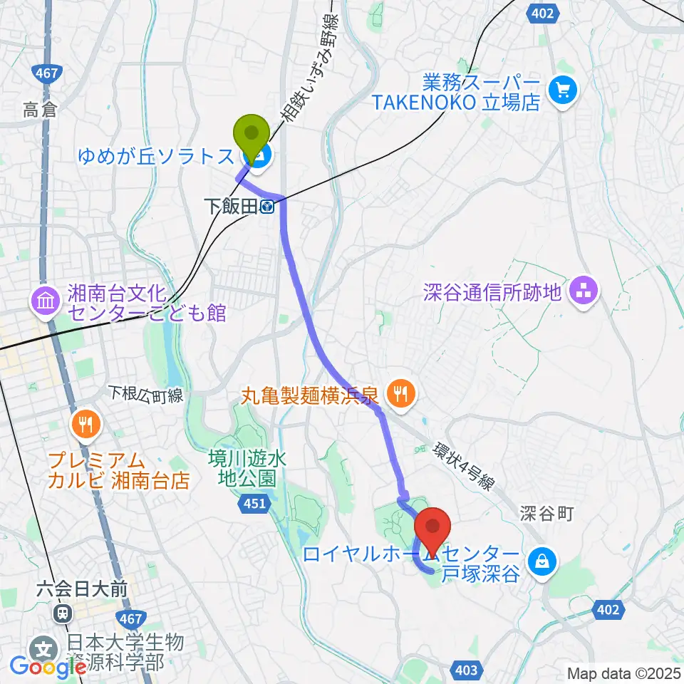 ゆめが丘駅から俣野公園・横浜薬大スタジアムへのルートマップ地図