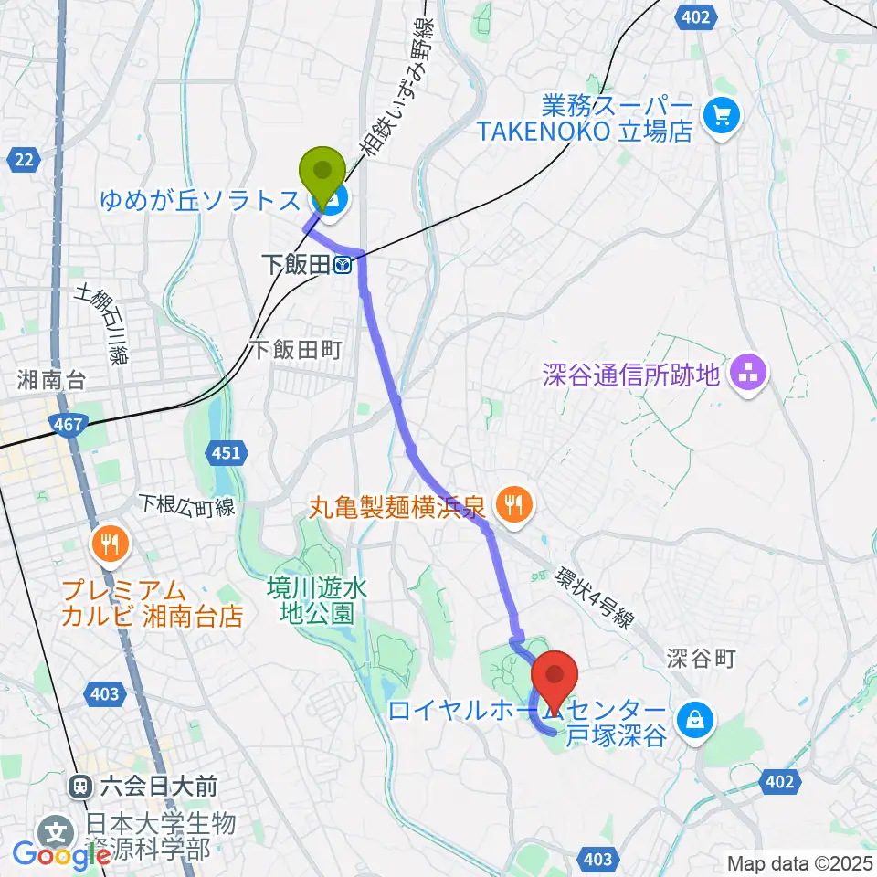 ゆめが丘駅から俣野公園・横浜薬大スタジアムへのルートマップ地図
